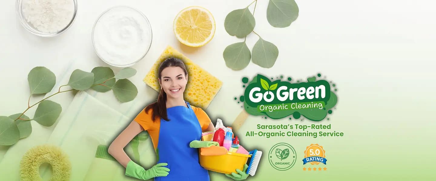 A sunlit Florida kitchen being cleaned with eco-friendly products