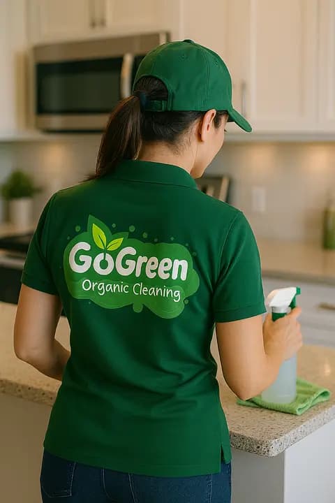 Go Green Organic Clean team member cleaning a kitchen surface