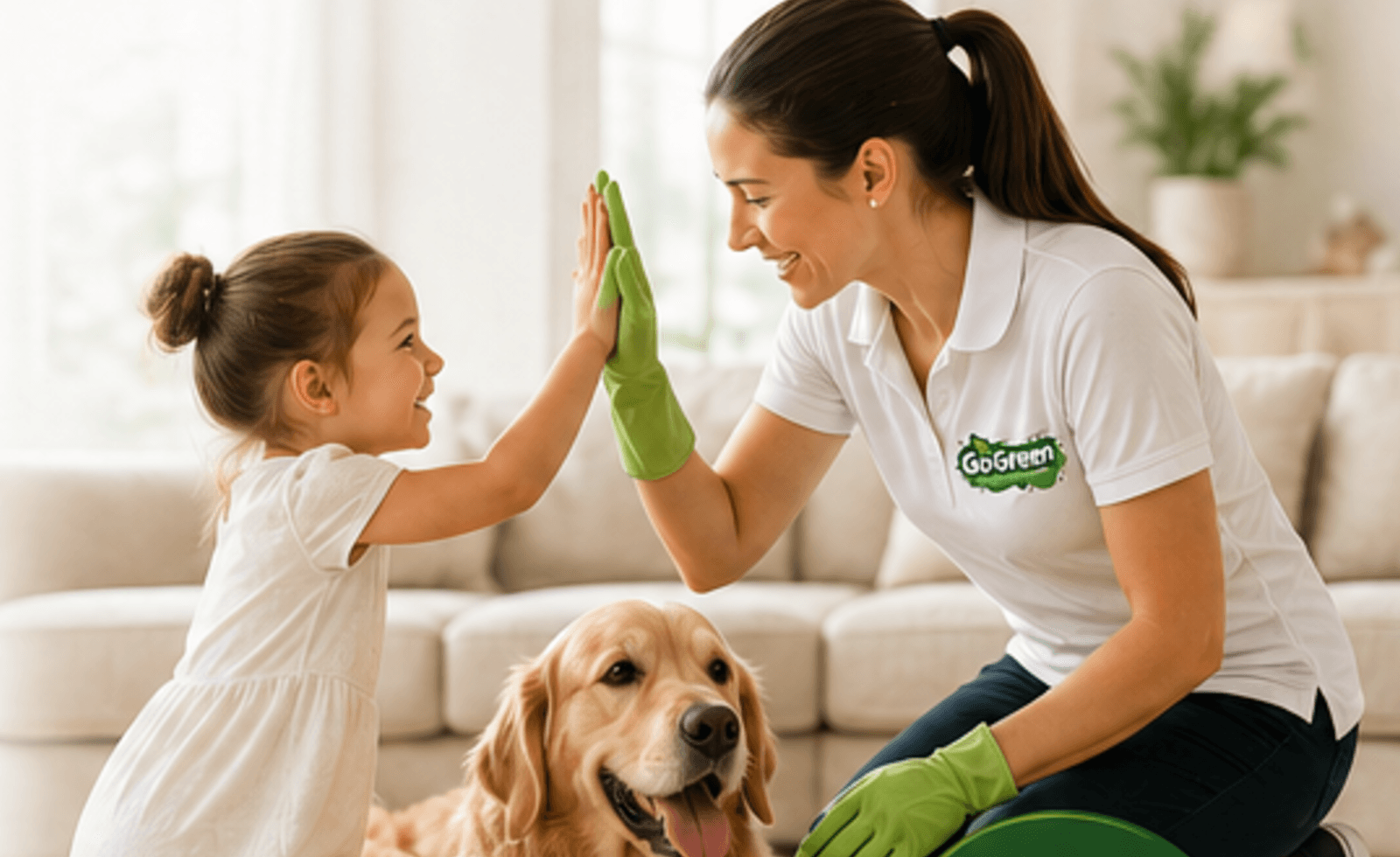 A Go Green cleaning professional sharing a high-five with a child while the family golden retriever looks on.